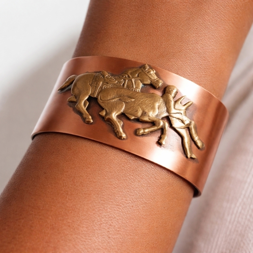 Vintage Wide‎ Western Copper Bangle Bracelet Rodeo Detail